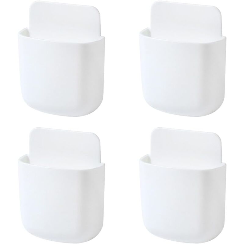 4Pcs White Wall Mounted Remote Control Storage Box Self-Adhesive Remote Control Holder Phone Charging Rack Stand for Remote Control, Pencil, Cell