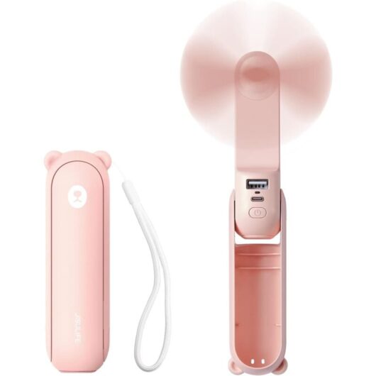 Mini Portable Handheld Fan 3 in 1 Rechargeable Battery Operated Fan with Power Bank-Pink