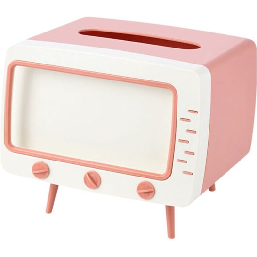Tv Tissue Box Multipurpose Cute Innovative Retro Tissue Box Holder with Phone Mount for Bathroom Kitchen Office Desk Table Pink