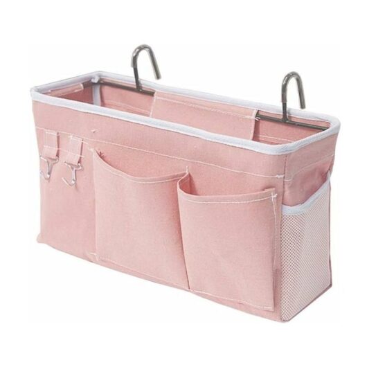 Bed Organizer Bed Bag with Hooks Hanging Pocket Loft Bed Storage Bag for Book, Magazine, Cell Phone, Headphone Bed Storage (Pink)