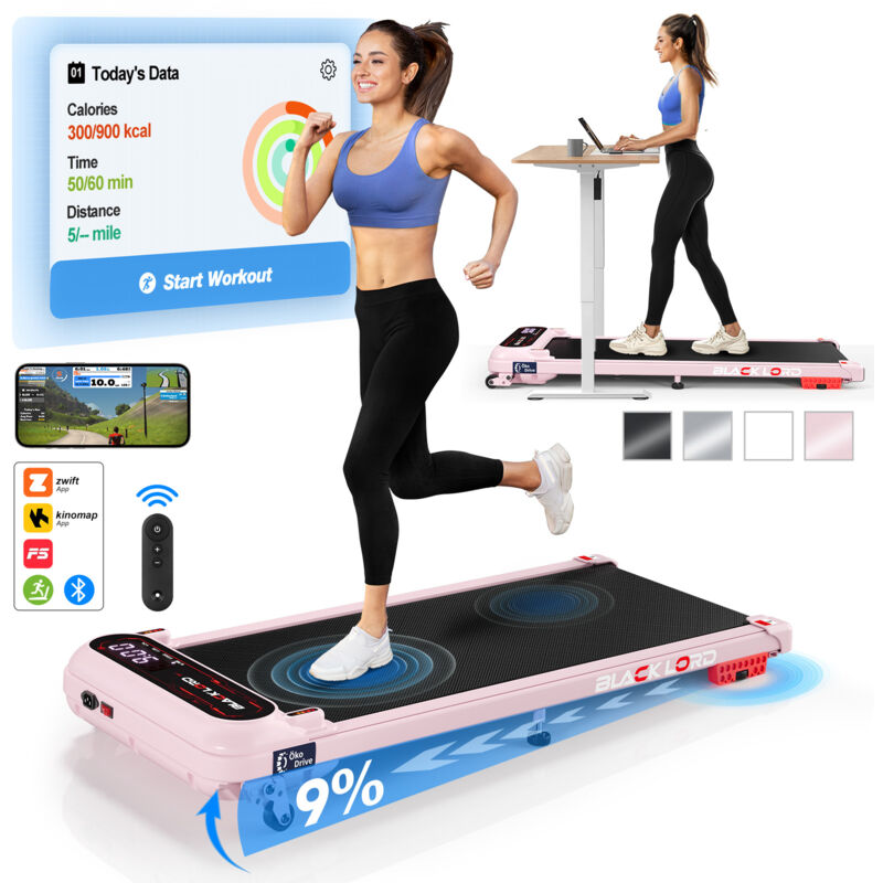 BLACK LORD 9% Incline, 3.0 HP, Max. 11 KMPH,4 in 1 Under Desk Walking Pad Treadmill,Shock Absorbers, LED, Bluetooth Remote Control, Portable- Silver