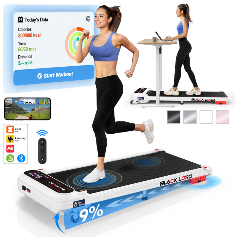 BLACK LORD 9% Incline, 3.0 HP, Max. 11 KMPH,4 in 1 Under Desk Walking Pad Treadmill,Shock Absorbers, LED, Bluetooth Remote Control, Portable- White
