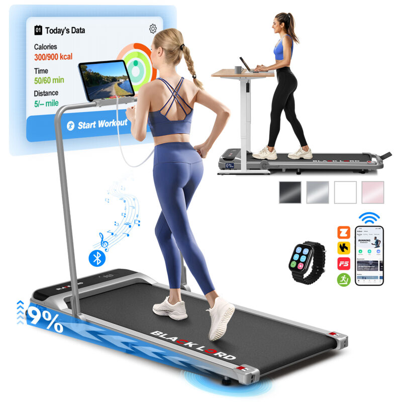 BLACK LORD Walking Pad, Foldable Treadmill for Home with 2-level Incline, LED Display & Bluetooth Speaker & Wireless Control, with handle bar - Silver