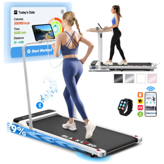 BLACK LORD Walking Pad, Foldable Treadmill for Home with 2-level Incline, LED Display & Bluetooth Speaker & Wireless Control,with handle bar - White