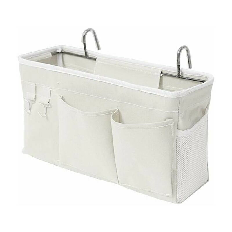 Bed Organizer Bed Bag with Hooks Hanging Pocket Loft Bed Storage Bag for Book, Magazine, Cell Phone, Headphone Bed Storage (White)