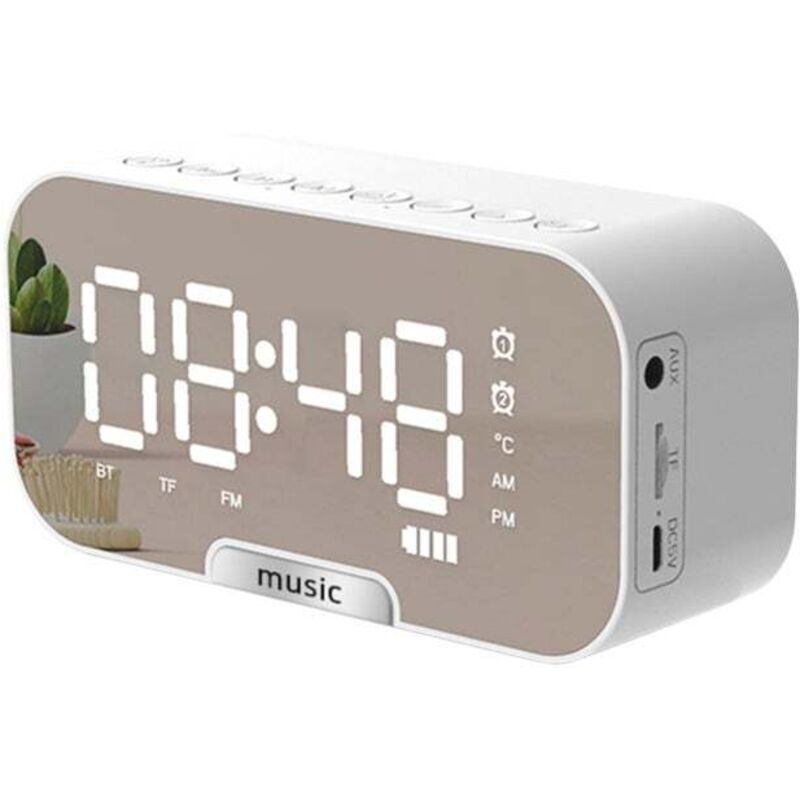 Mirror Digital Alarm Clock with BT Speaker/FM Radio/Temperature Display, TF Music Player, 3 Brightness Levels, Phone Stand - White