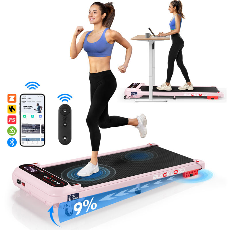 BLACK LORD 9% Incline, 3.0 HP, Max. 11 KMPH,4 in 1 Under Desk Walking Pad Treadmill,Shock Absorbers, LED, Bluetooth Remote Control, Portable - Pink